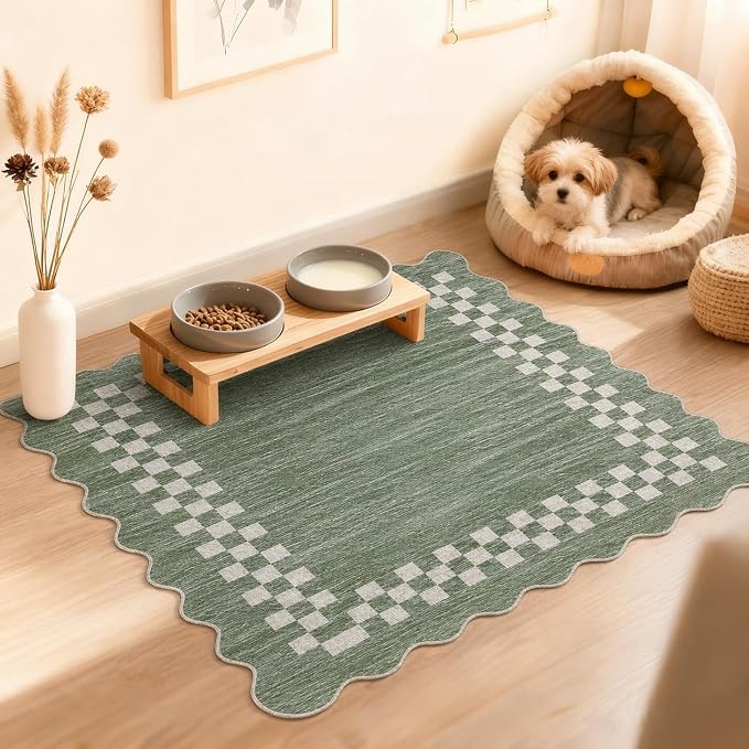 GarveeHome Washable Scalloped Small Area Rug 2x3 Modern Checkered Entry Rug | Solid Kitchen Rugs Bedroom Doormat Non Slip Stain Resistant Bordered Throw Carpet for Living Room Nursery Laundry, Green