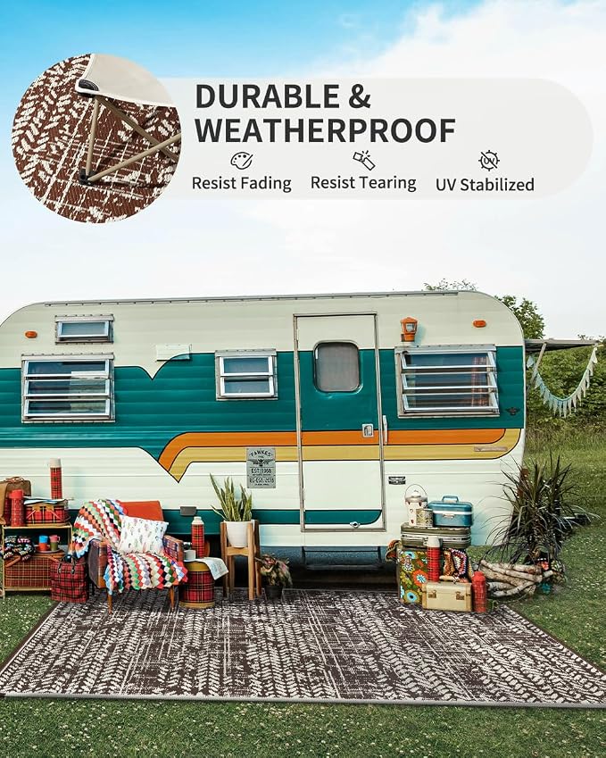 MontVoo Outdoor Rug 8x10 Waterproof-Patio Rug Mat Outdoor RV Camping Picnic Beach Mat Plastic Straw Rugs Outside Outdoor Area Rugs for Balcony Deck Backyard Brown
