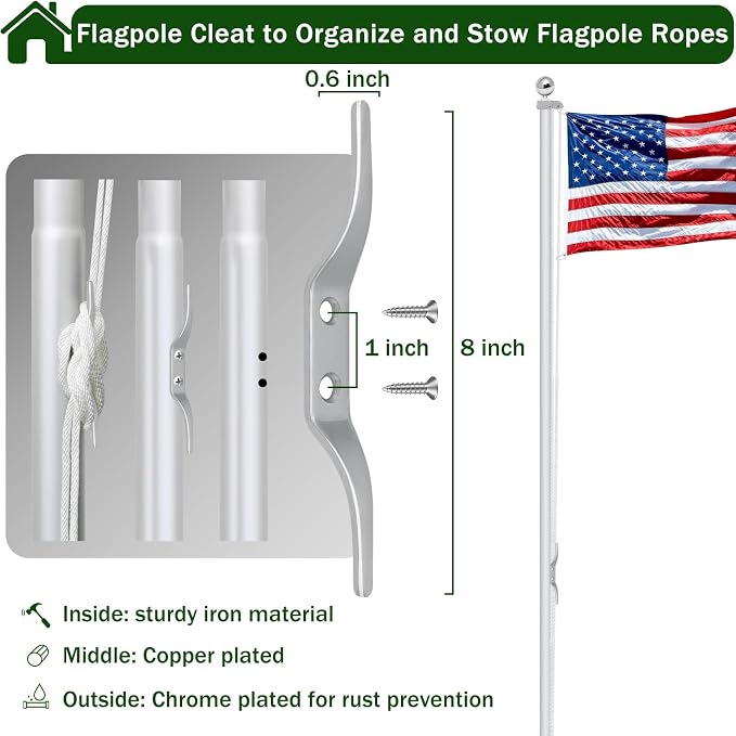 Flag Pole Pulley and Rope kit for 2.3" to 3" Diameter Flag Poles, 50FT Rope, 4" Flag Pole Topper, Cast Aluminum Flag Pole Truck, Metal Snap Clips and Cleat (Silver)