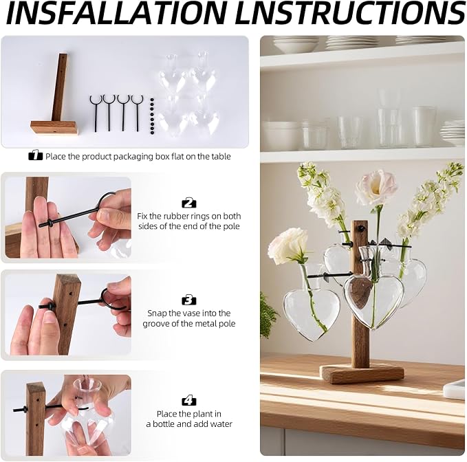 Plant Propagation Station Whith Acacia Wood Stand, 4 Heart Glass Vases | Propagation Vases for Plants，Plant Stand Indoor，Birthday Gifts for Women,Gifts for Plant Lovers，Home Decor