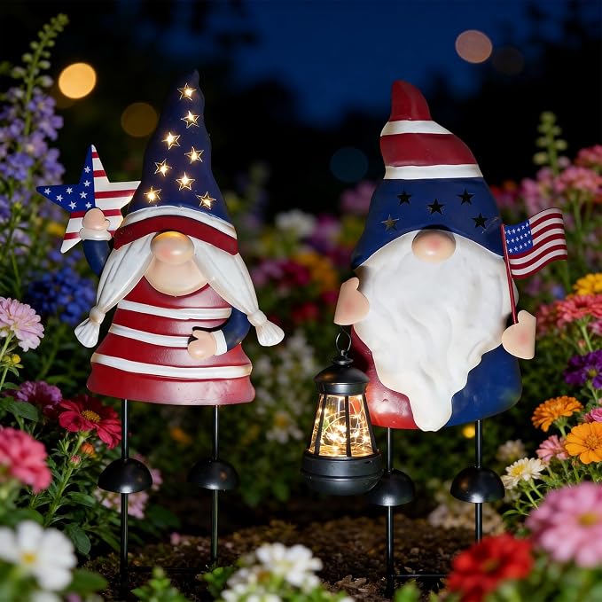 Solar Patriotic Gnomes Garden Stakes - 4th of July Decorations 25" American Flag Garden Gnomes Outdoor Decor for Outdoor & Memorial Day Yard Art 2 Pack
