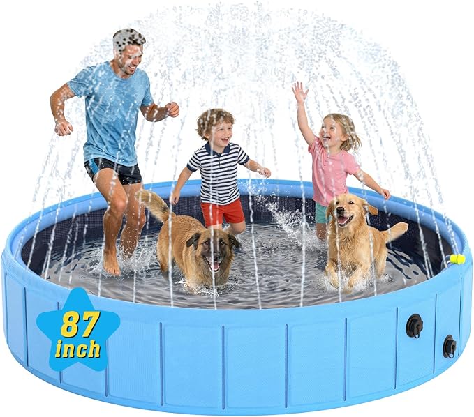 Foldable Dog Pool with Sprinkler, 87 in Extra Large Non-Slip Dog Pet Bath Pool, 2-in-1 Collapsible Pet Bathing Tub Kiddie Pool for Puppy Small Medium Large Dogs Cats and Kids