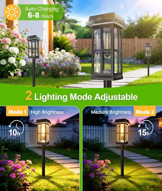 Ahaorigin 8 Pack Solar Pathway Lights Outdoor, 2 Lighting Modes Waterproof Solar Lights Outdoor, Sturdy Metal Rods, Brighter Up to 15Hrs Outdoor Path Lights for Yard Walkway Driveway Sidewalk Garden
