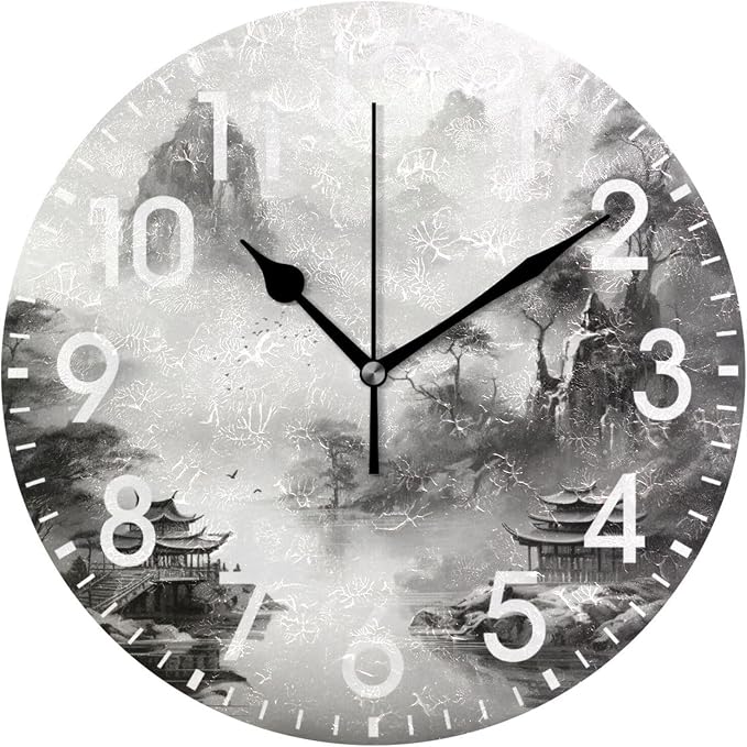 ALAZA Home Decor Chinese Mountain Watercolor Round Acrylic 9.84 Inch Wall Clock Non Ticking Silent Clock Art for Living Room Kitchen Bedroom