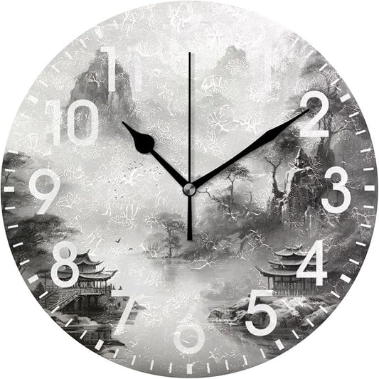 ALAZA Home Decor Chinese Mountain Watercolor Round Acrylic 9.84 Inch Wall Clock Non Ticking Silent Clock Art for Living Room Kitchen Bedroom