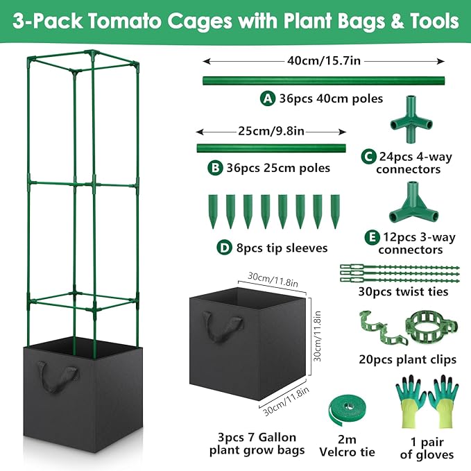 3 Pack Tomato Cage for Garden, Upgraded Fiberglass Garden Trellis with 3 PCS Grow Bags, Square Tomato Planter Support Garden Cages for Cucumber Vegetables Vertical Climbing Plants