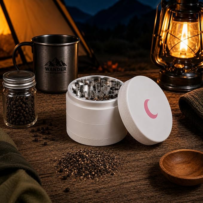 2.5” Matte Spice Crusher for Kitchen & Camping, Heavy Duty Aluminum Herb, Tea & Seeds Crusher, 4-Piece Crusher with Cleaning Scraper, Portable Travel Outdoor