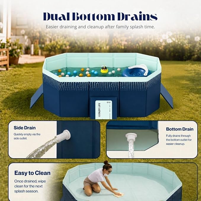 65.35-Inch Foldable Swimming Pool, Blue Non-Inflatable Rectangular Pool for 1-2 People, 4-Layer Composite PVC, Aluminum Alloy Frame, Dual Drains for Backyard Fun