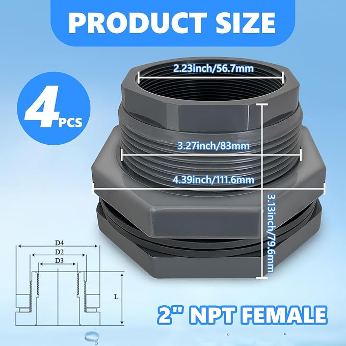 4 Pcs 2 Inch Bulkhead Fitting PVC - Heavy-Duty Plumbing Kit for Water Tank, Aquariums, Rain Barrels & Pools with Reinforced Seals (Female/Internal Thread, Requires 3-1/2" Hole Saw)