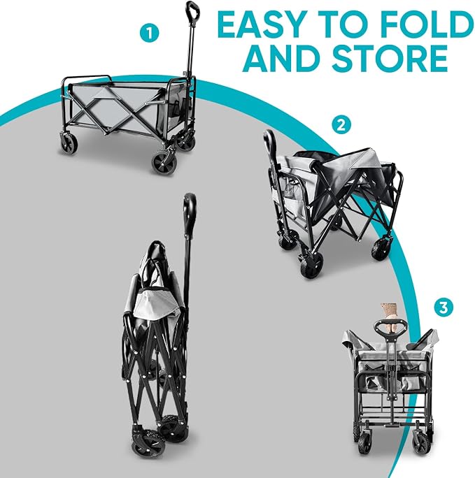 Collapsible Wagon with Quiet Wheels - Silent Grocery Shopping Cart for Seniors, Foldable Utility Cart for Laundry & Apartment, Washable Heavy Duty Rolling Wagon with Two Mesh Pockets, Gray