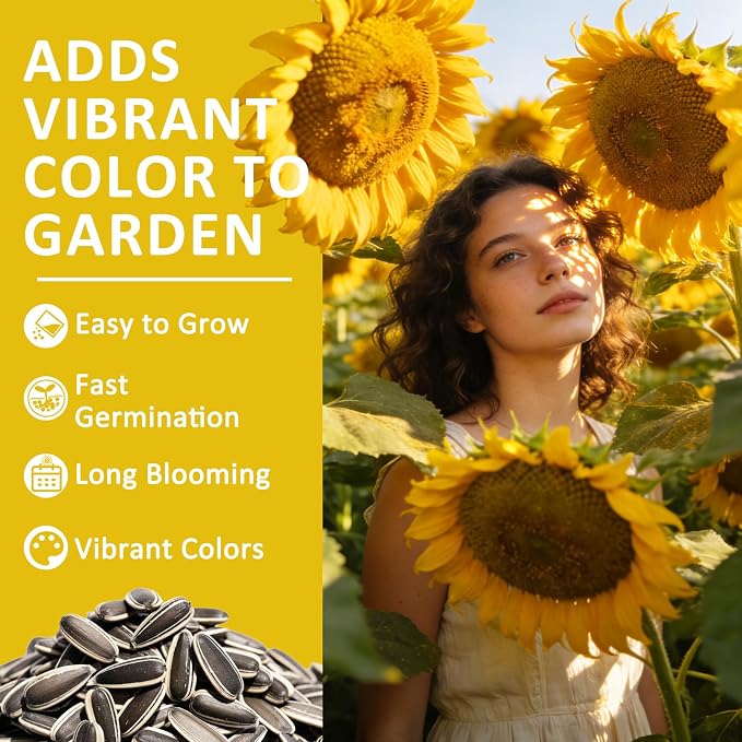 150+ Sunflower Seeds for Planting – Giant Mammoth Sunflower Seeds, Extra Tall Large Blooms, Open Pollinated, Easy to Grow Flower Seeds for Garden, Outdoor Planting & Landscaping 0.7 Oz