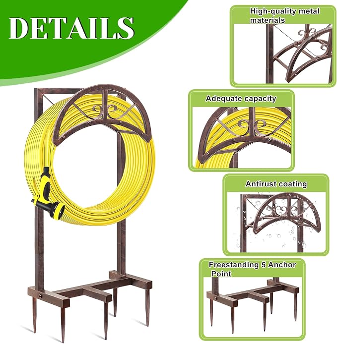 Garden Water Hose Holder with 5 Spikes, Upgraded Freestanding Heavy Duty Hose Hanger Holds 150-feet Hose, Sturdy Hose Stand Storage Rack for Outside Yard Lawn(Retro copper)