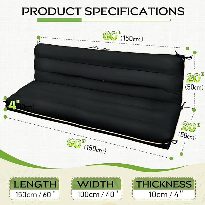 60×40 INCH Outdoor Swing Cushion with Backrest, Tie Straps & Memory Foam - Replacement for Porch Bench 2/3 Seater, Oxford Fabric (Black, 60 INCH × 40 INCH)