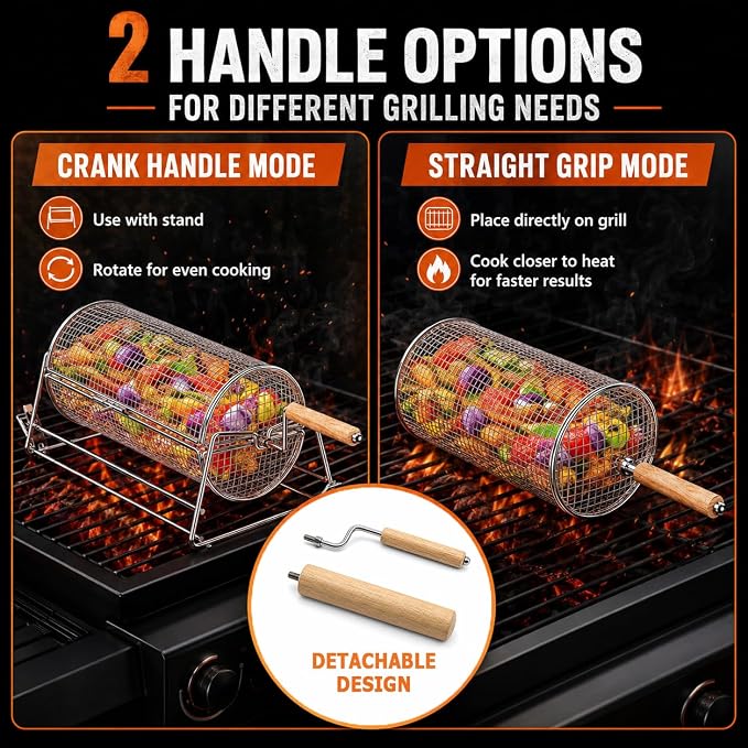 2-in-1 Rolling Grill Basket with Dual Handles, 304 Stainless Steel Rotatable BBQ Basket with Crank Handle & Straight Grip Handle, Grill Net for Vegetables, Shrimp & More, Gift Idea for Men, Dad, Husband