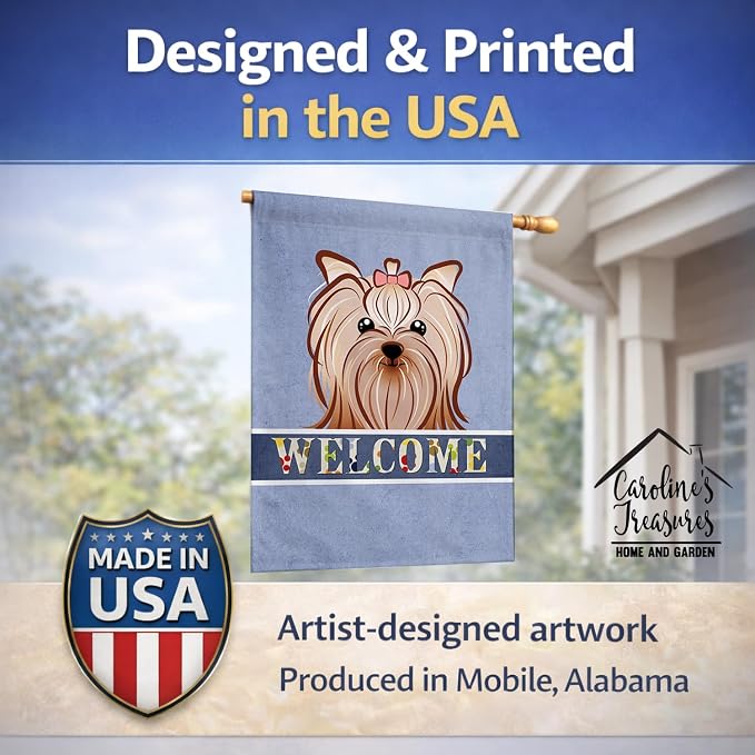 Caroline's Treasures BB1390CHF Yorkie Yorkishire Terrier Welcome House Flag, Blue Large Porch Sleeve Pole Decorative Outside Yard Banner Artwork Wall Hanging, Polyester, House Size, Multicolor