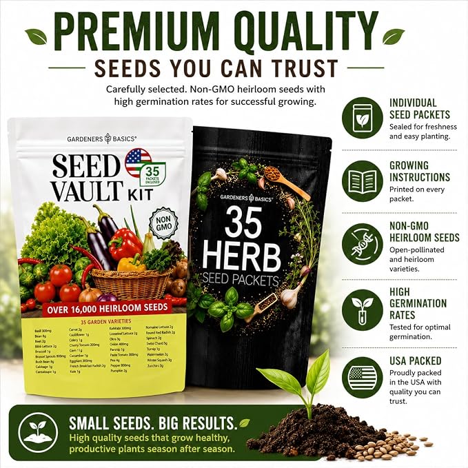 Gardeners Basics Seed Vault + Medicinal Herb Seed Bundle | 70 Heirloom Vegetable & Herb Varieties | 35,000+ Non-GMO Heirloom Seeds for Gardening, Homesteading & Prepping