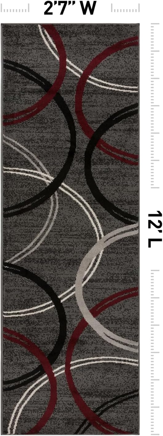 Rugshop Wavy Circles Modern Non-Shedding Runner Rug Red 2'7" x 12' | Rectangular, Size 2'7" x 12', Living Room, Bedroom, Dining Room, Home Office, Kitchen, Entryway, Hallway, Nursery, Kids Room