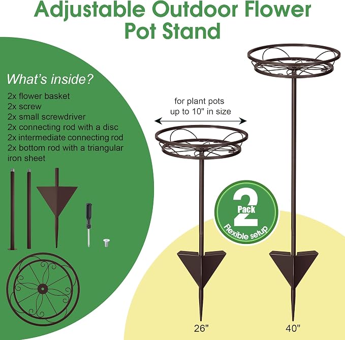 Tellingyou 2 Pack Adjustable Outdoor Flower Pot Stand, Metal Outdoor Plant Stands, Spring Summer Versatile Plant Stand Garden Stake for Display Plants, Elegant Solution for Landscaping Decor (Brown)