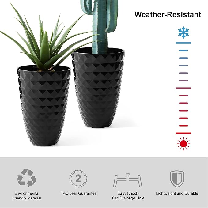 Glitzhome 19.75" H Oversized Tall Planter, Modern Set of 2 Round Tall Black Planters with Drainage Holes, Garden Plant Pots Flower Container for Indoor Outdoor, Front Door, Patio and Deck