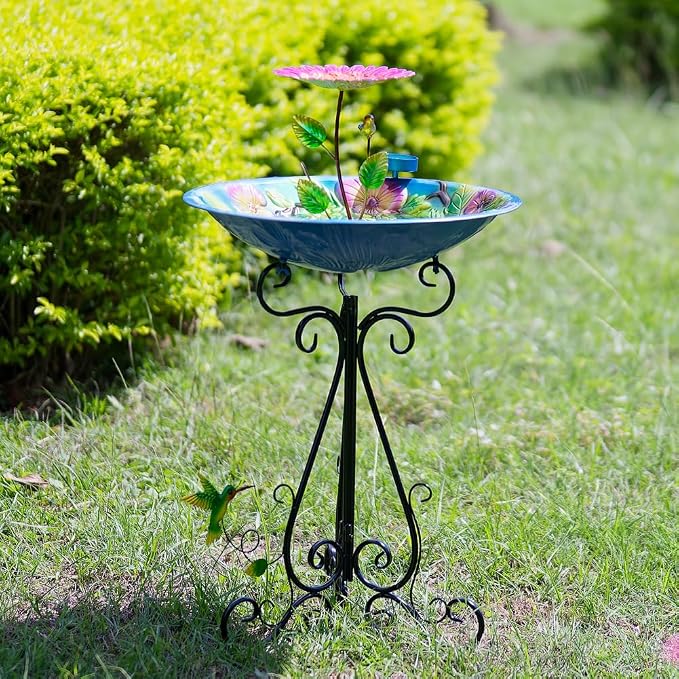 DREAMSOUL 20" Dia Bird Bath Stand Metal Birdbath with Folding Bracket, 2 in 1 Hummingbird Deep Bird Bath for Outside