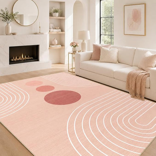 Area Rug 5x7 Boho Modern Minimalist Geometric Abstract Rug Pink Mid Century Modern Rug for Living Room Machine Washable Non-Slip Printed Low Pile Indoor Carpet for Bedroom Dining Room Office Pink