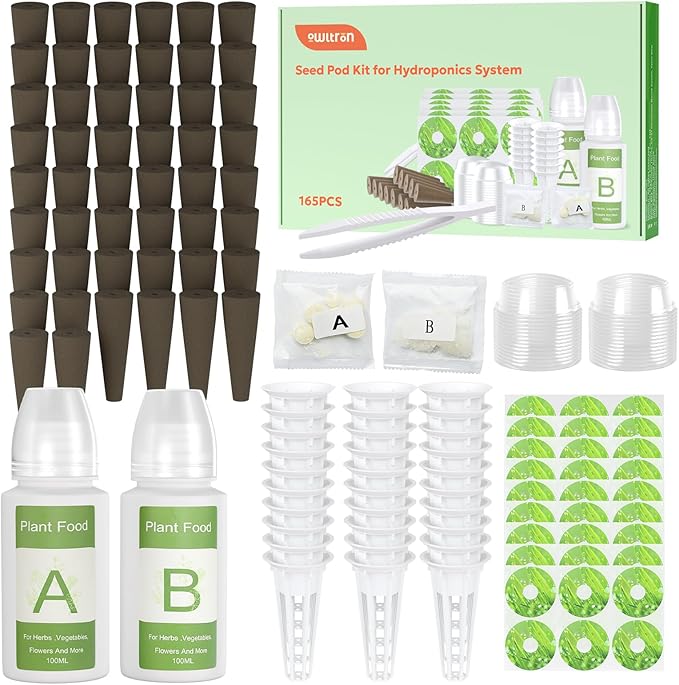 Owltron 165 Pcs Hydroponic Seed Pods Kits, Grow Anything Kit Pod for Indoor Herb Garden with 50 Sponges, 4 A&B Nutrient Plant Food, 30 Baskets, 50 Stickers, 30 Germination Domes, 1 Tweezer