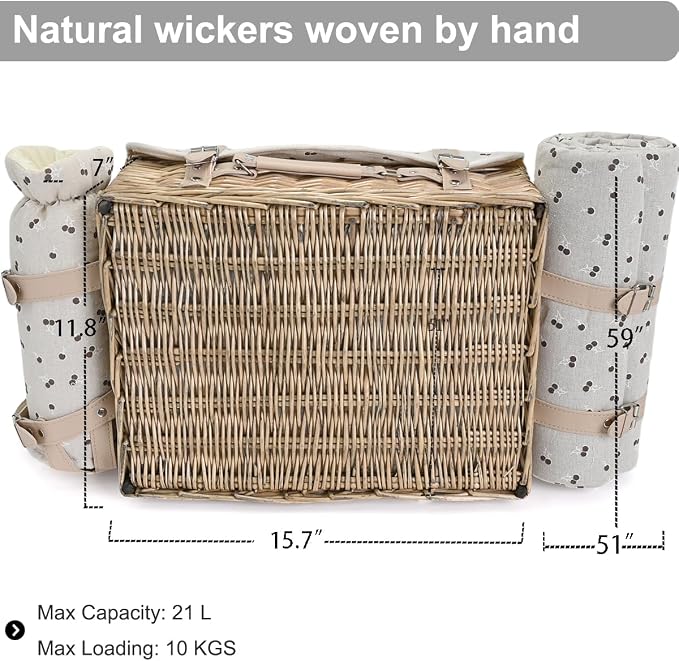 Multifunctional Wicker Picnic Basket Set for 2 with Blanket and Picnic Table, Insulated Picnic Set with Full Tablewares for Camping Outdoor Couples,Cherry