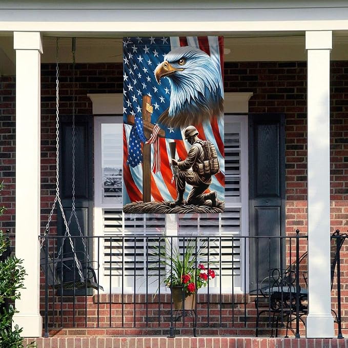 American Flag-Patriotic Eagle Veteran Kneeling Soldier Christ Cross Memorial Day American Flag MLN2793F, 3x5 ft. Flag-USA Flags Premium Polyester-Decorative Indoor Outdoor Flag