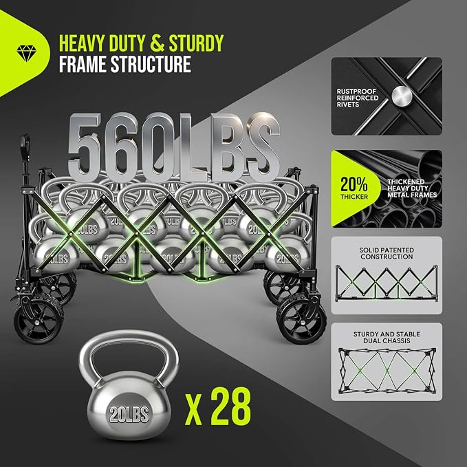 Hikemoon 300L Extra Large Wagons Carts Foldable, 560LBS Heavy Duty Collapsible Beach Wagon 48" Long with Big All-Terrain Wheels, Utility Folding Cart for Camping, Sports, Garden, Turquoise