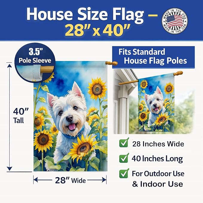 Caroline's Treasures DAC6174CHF Westie in Sunflowers House Flag Large Porch Sleeve Pole Decorative Outside Yard Banner Artwork Wall Hanging, Polyester, House Size, Multicolor