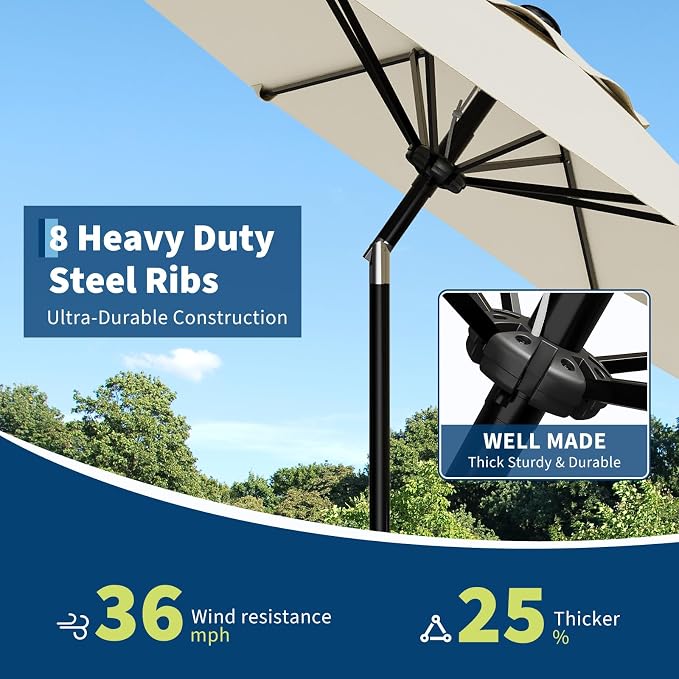 GarveeLife 9FT Patio Umbrella Outdoor, Table Umbrella with Push Button Tilt and Crank, 8 Sturdy Ribs UV Protection Waterproof for Garden, Pool, Market, Deck (Beige White)