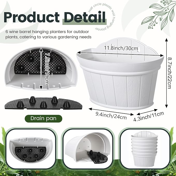 Layhit 6 Pcs Wall Hanging Planters Outdoor Pot Planter Wine Barrel Planter Distressed Oak Thickened Plastic Water Storage Flower Pots for Flower Indoor Outdoor(12 Inches,White)