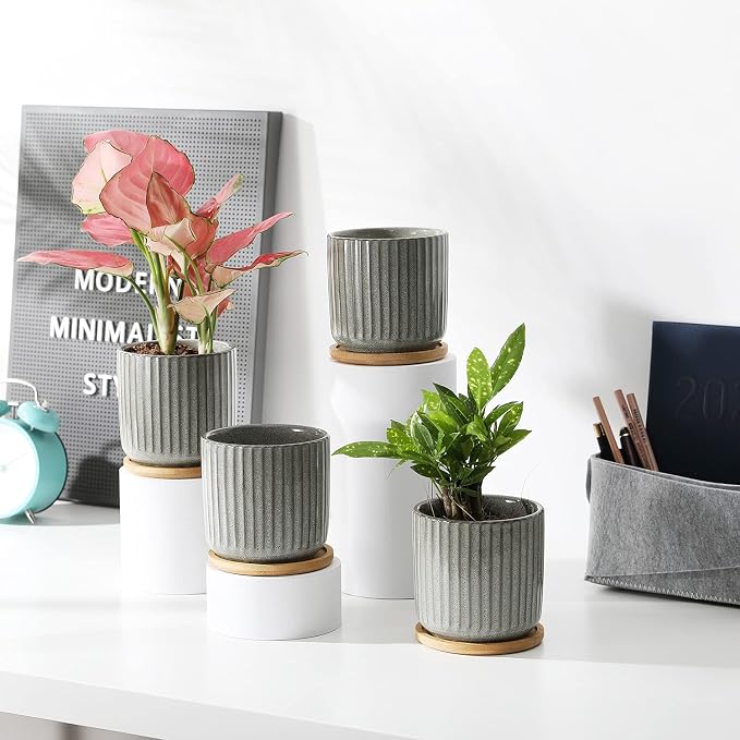 4 Inch Cylinder Ceramic Plant Pots, Green Grey, Set of 4 | Drainage Holes & Saucers, Vertical Glazed, Small Boho Planters with Trays, For Indoor Flower, Snake Plants, Succulent, Cactus