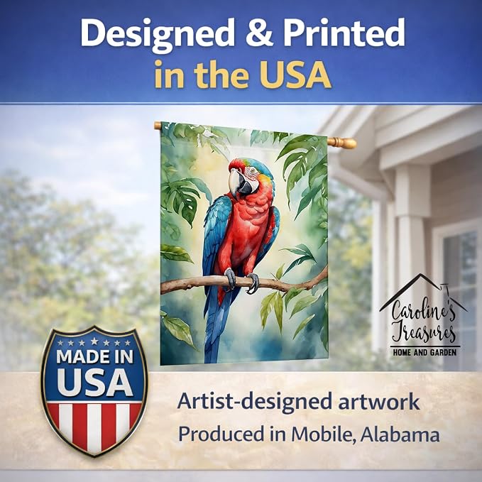 Caroline's Treasures Macaw Parrot House Flag Large Porch Sleeve Pole Decorative Outside Yard Banner Artwork Wall Hanging, Polyester, House Size, Multicolor