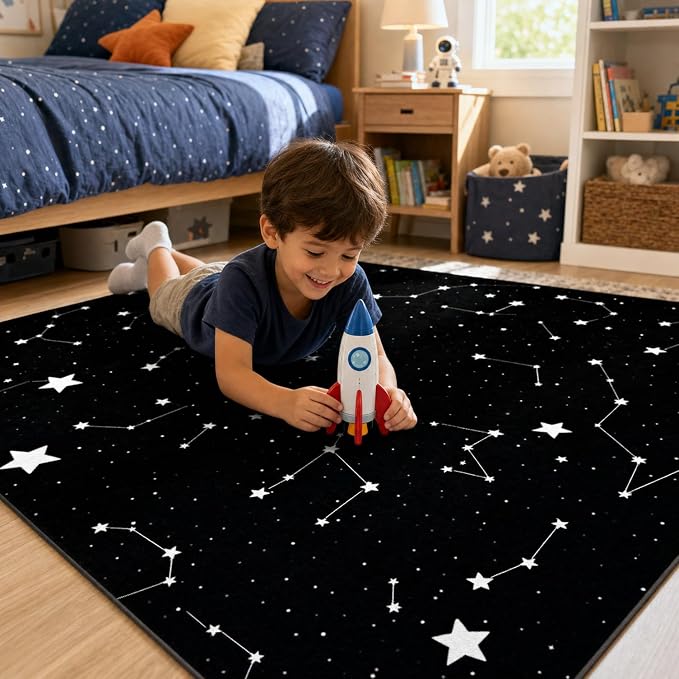 9CH Black White Star Rugs 5'x7' Space Galaxy Rug for Living Room | Celestial Starry Constellation Carpet Soft Durable, Non-Slip, Washable, Stain Resistant for Bedroom, Dining Room