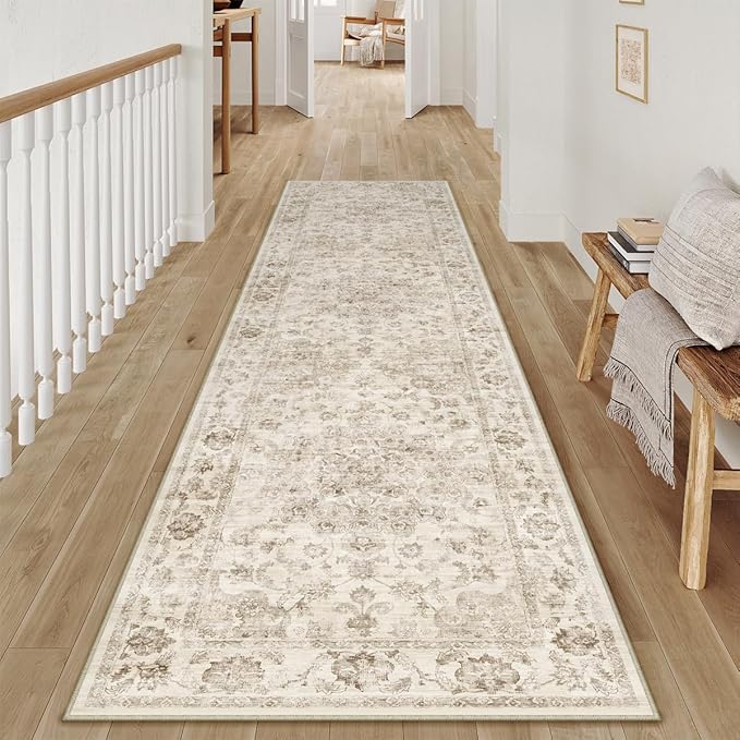 2x12 Beige Neutral Runner Rug | Washable, Non Slip, Soft Low Pile, Vintage Farmhouse, for Hallway Kitchen Laundry Bathroom Bedroom Living Room Home Decor