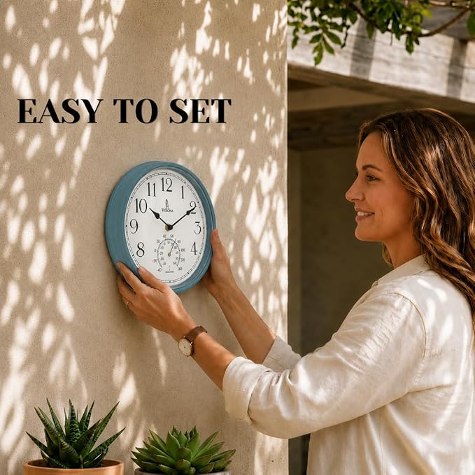 Outdoor Clocks for Patio Waterproof with Thermometer — Teal 9.5 Inch Indoor Outdoor Wall Clock with Temperature Display — Weatherproof, Accurate & Easy to Read for Pool, Garden & Home Decor