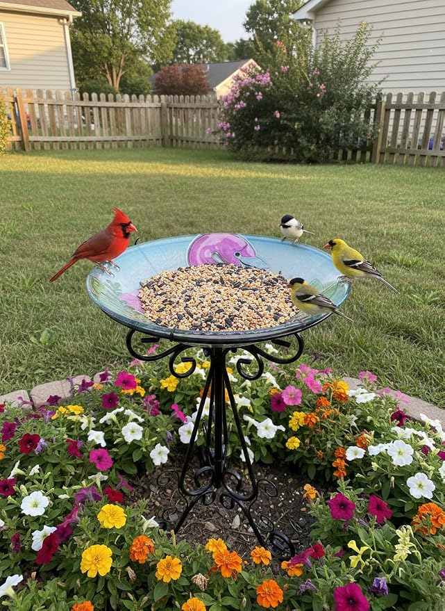 Large Bird Bath for Outside, 18" H Glass Bath Bowl with Metal Stand 28" H Standing Outdoor Birdbaths for Garden Yard Lawn Decor, Flamingo