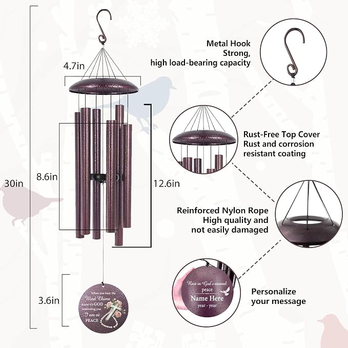 Personalized Outside Wind Chimes for Loss Mother Father, Cross Memorial Sympathy Wind Chime for Funeral, Bereavement Gifts in Memory of Loss