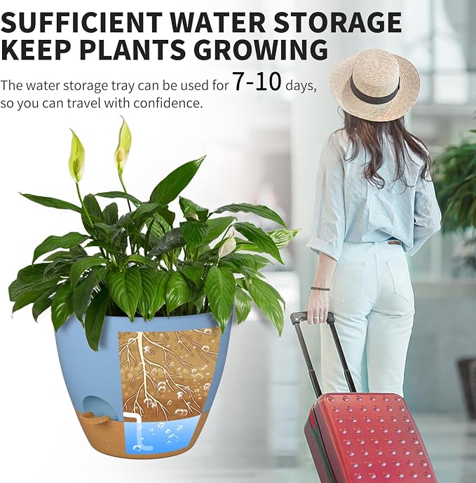 12/10/9/8/6 Inch Self Watering Pots for Indoor Outdoor Plants, Set of 5 Large Plastic Planters with Visual Water Window, Drainage Holes & Watering Lip, Modern Decorative Flower Pots (Blue)
