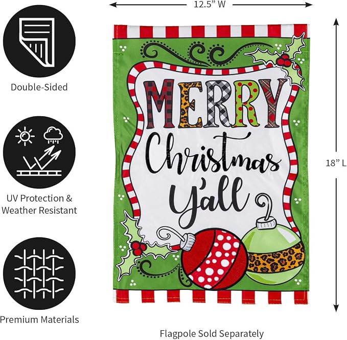 Evergreen Flag Merry Christmas Y'all Garden Flag 12x18 Double Sided | Christmas Garden Flag for Outside | Indoor Outdoor Small House Flags Décor for Home Yards Porch Garden