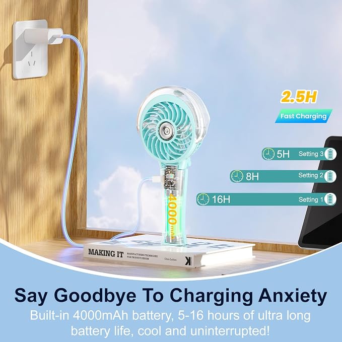 HandFan 4000mAh Handheld Misting Fan, 50ml Water Tank, Rechargeable Personal Mister Fan Portable AC, Spray Water Mist Fans, Foldable Cooling Ice Fans for Beach, Travel, Outdoors(Light Blue)