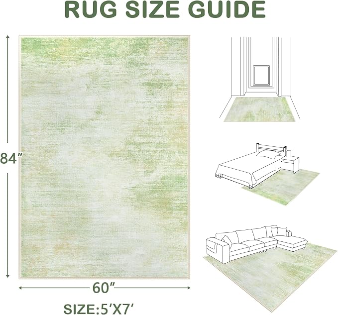 Area Rugs 5x7 Living Room: Washable Rug Modern Abstract Rugs Soft Non Slip Neutral Rug Stain Resistant Indoor Carpet for Bedroom Kitchen Dining Room Nursery Home Office Rugs(Green,5'x7')