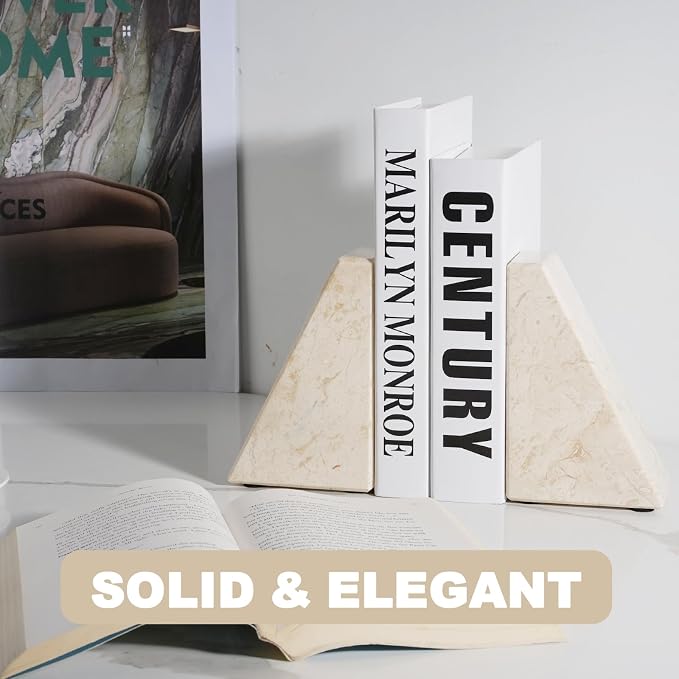 Marble Book Ends Decorative, Unique Bookends for Shelves, Bookends to Hold Heavy Books, Durable Book Holder Stopper for Home Office Desk Bookshelf Decoration, Turkey Natural Marble, Set of 2