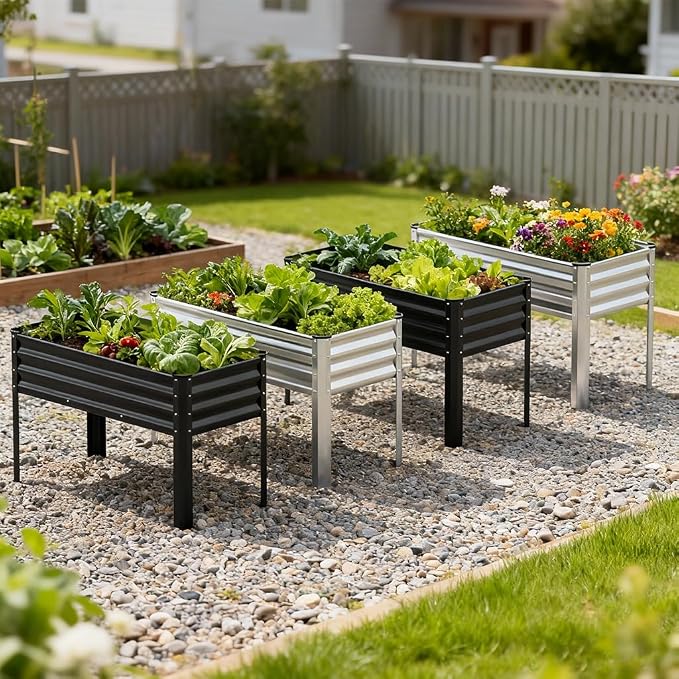 COMHOMA Raised Garden Bed with Legs 4x2x2.5ft,Large Elevated Galvanized Metal Planter Box with Drainage Holes,Outdoor Growing Kit with Gloves Tools for Backyard Patio Lawn,Black