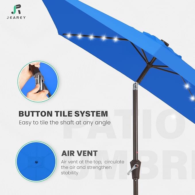 JEAREY 6.5x10 ft Rectangular LED Lighted Patio Umbrellas Outdoor Solar Table Market Umbrella w/Push Button Tilt/Crank, 6 Sturdy Ribs, UV Protection Waterproof Sunproof(Royal Blue)