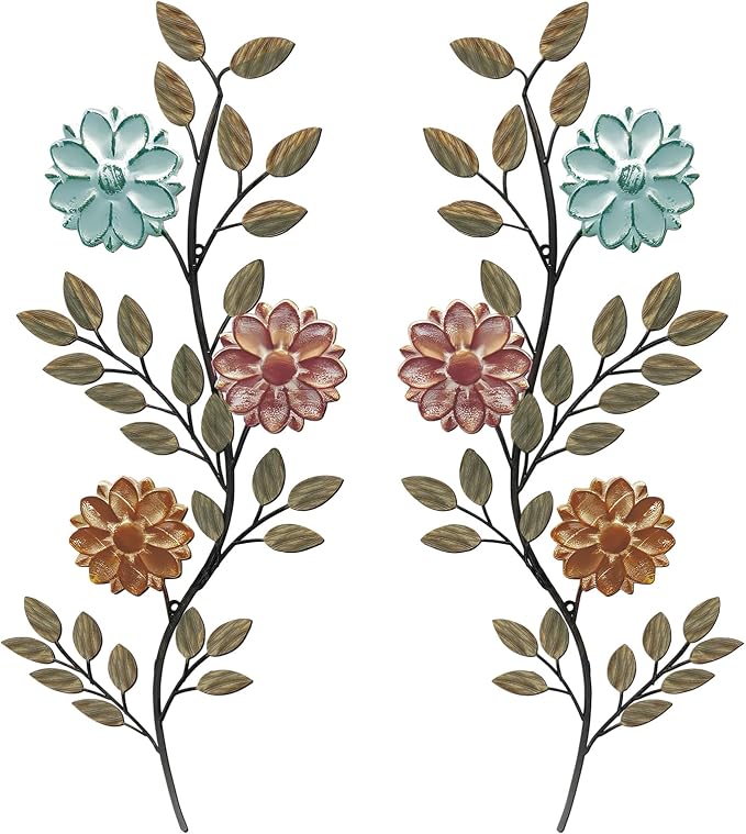MorningRo 2 Pcs Metal Flower Leaves Wall Art Spring Wall Decor Living Room, 15.75 Inch Vintage Rustic Branch Leaf Wrought Iron Scroll Art Decor for Summer Bedroom Indoor Outdoor Decorations(Colorful)