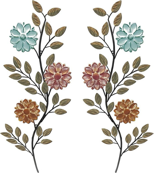 MorningRo 2 Pcs Metal Flower Leaves Wall Art Spring Wall Decor Living Room, 15.75 Inch Vintage Rustic Branch Leaf Wrought Iron Scroll Art Decor for Summer Bedroom Indoor Outdoor Decorations(Colorful)