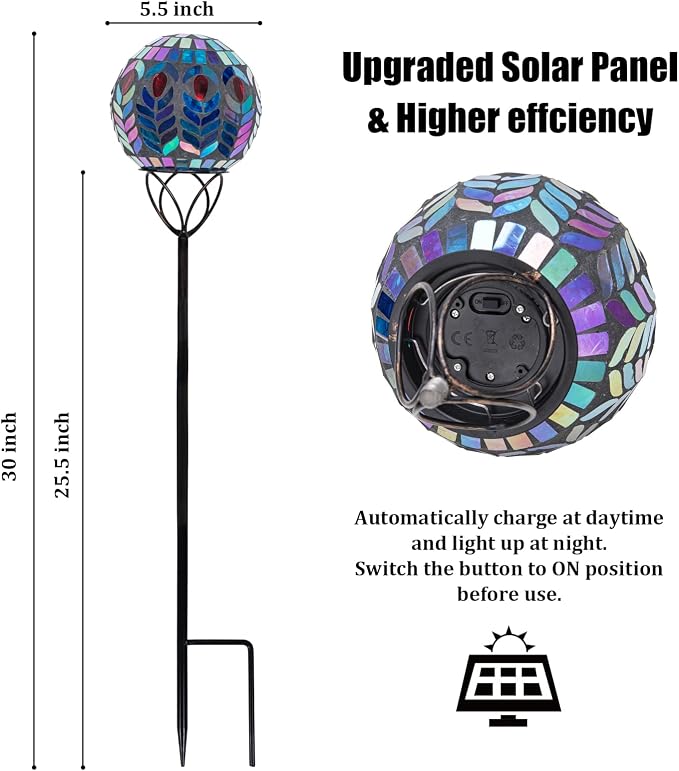 VCUTEKA Decorative Solar Garden Lights, 6" Mosaic Globe Outdoor Stake | Mosaic Glass Design with Solar Light, Weather Resistant, Auto On/Off and Metal Stake Design For Lawn and Patio, Black