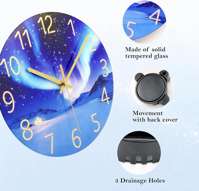 WISKALON Indoor Outdoor Glass Clock 12 Inch Waterproof Unusual Silent Non Ticking Aurora Wall Clocks Battery Operated for Patio, Pool, Garden, Backyard, Bathroom(Blue)